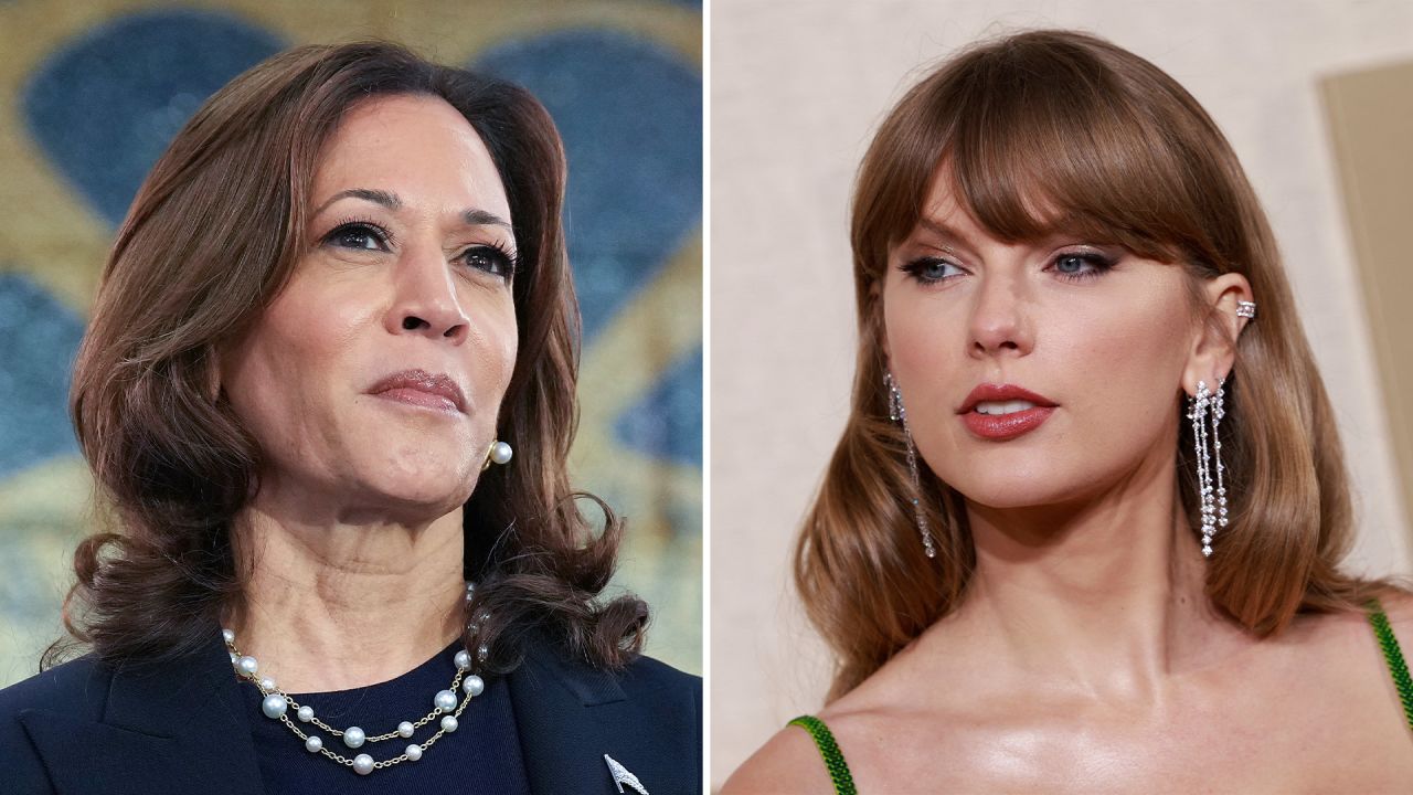 Vice President Kamala Harris, left, and superstar singer Taylor Swift.