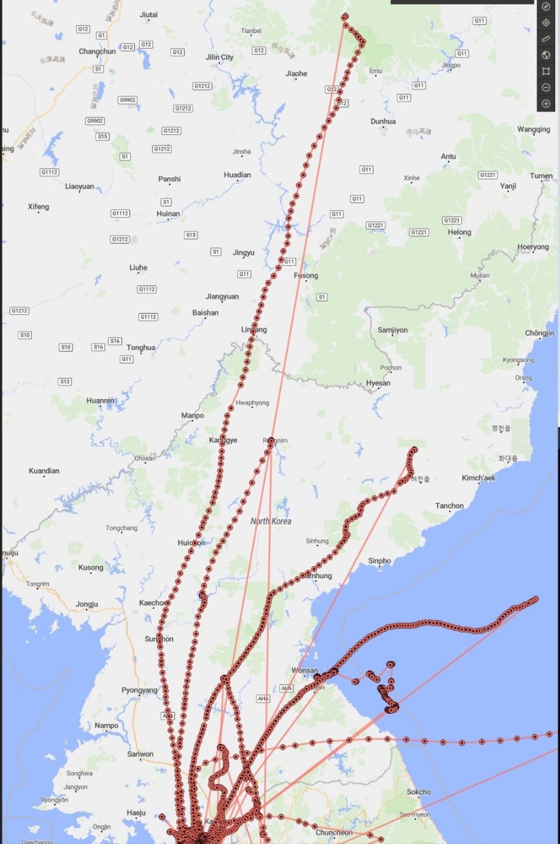 The map illustrates the tracking of smart balloons launched by the group from April 2022 to April 2024. According to Choi, wind directions become favorable for launching balloons starting in April each year.