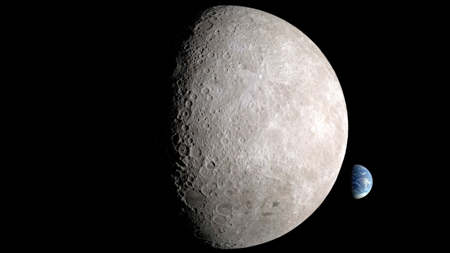 An illustration shows the illuminated far side of the moon, with the Earth appearing behind it.