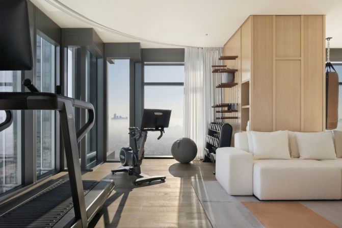 For those who want to train in privacy, the fitness suite offers in-room workout equipment (pictured).