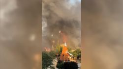 This screen grab from a RIA Novosti via Telegram video shows a synagogue on fire following an attack in Derbent, Dagestan, Russia, on June 23.