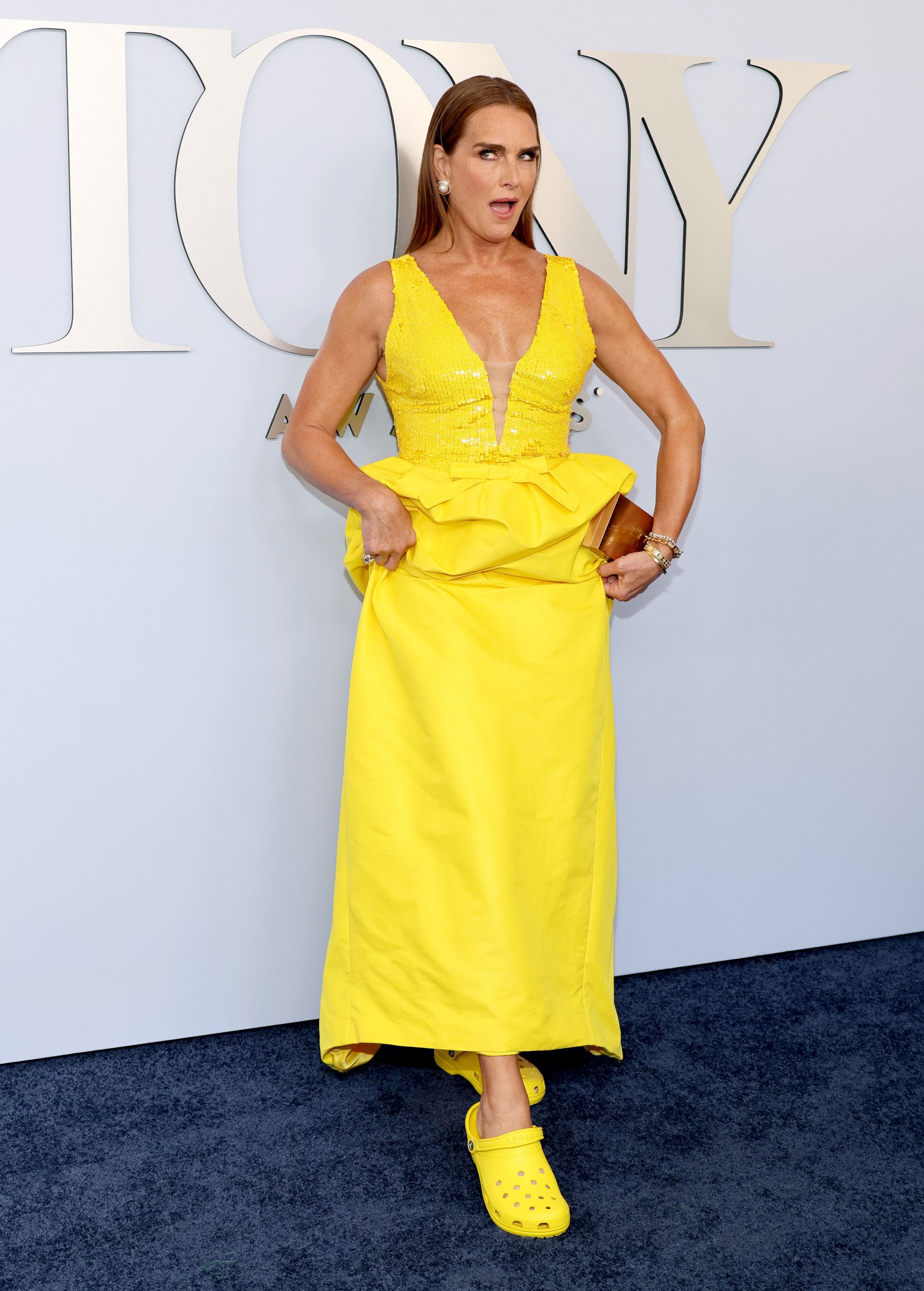 Brooke Shields shows off her Crocs at the 77th Annual Tony Awards.