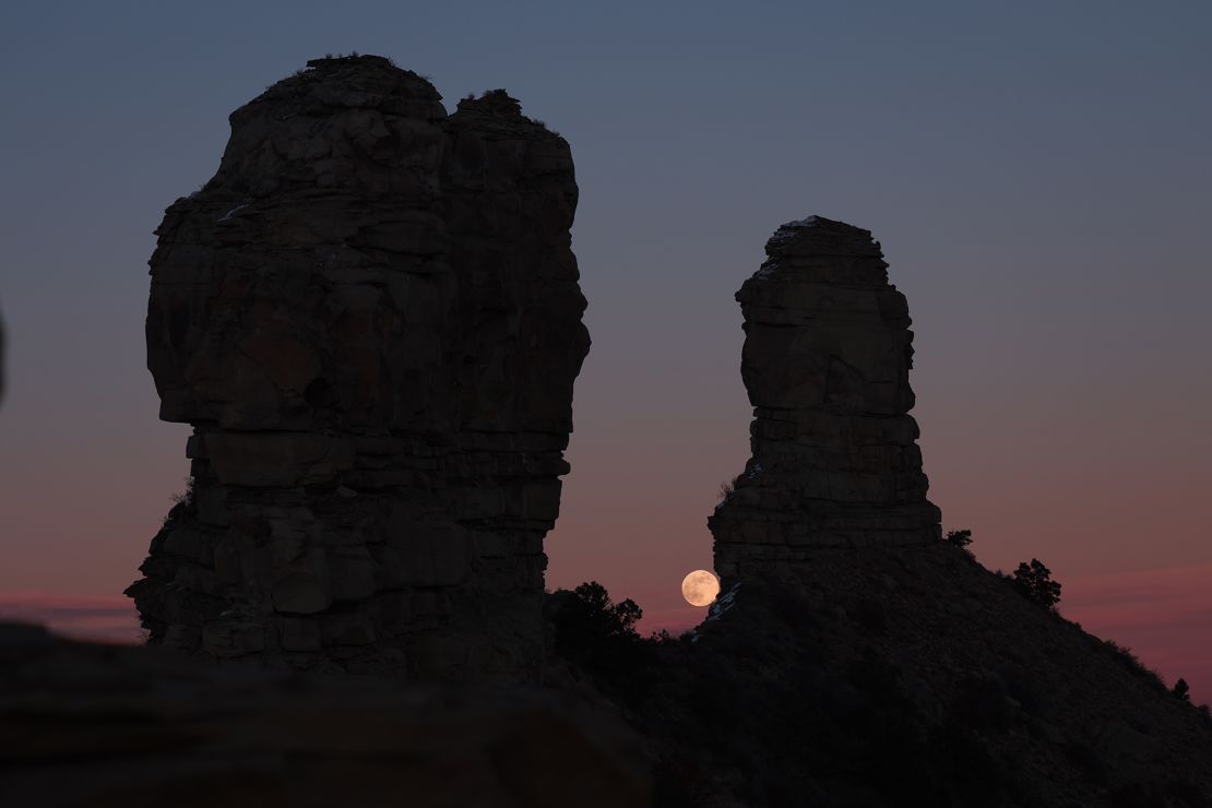 Researchers are investigating lunar alignments at Chimney Rock, Colorado, shown here at full moonrise on December 26, 2023.