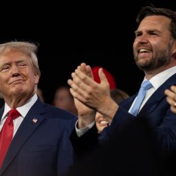 Former President Trump, left, looks at his running mate Sen. JD Vance at the 2024 Republican National Convention hosted at the Fiserv Forum in Milwaukee, Wisconsin, on July 15, 2024. (Will Lanzoni/CNN)