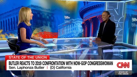 <p>Democratic Sen. Laphonza Butler reacts to a viral video of her defending then-Sen. Kamala Harris from a right-wing activist who’s now a Republican member of Congress.</p>