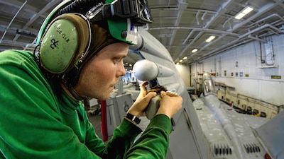 A Sailor maintains an EA-18G Growler from VAQ-137 in the hangar bay aboard USS Theodore Roosevelt (CVN 71) in the U.S. 5th Fleet area of operations.