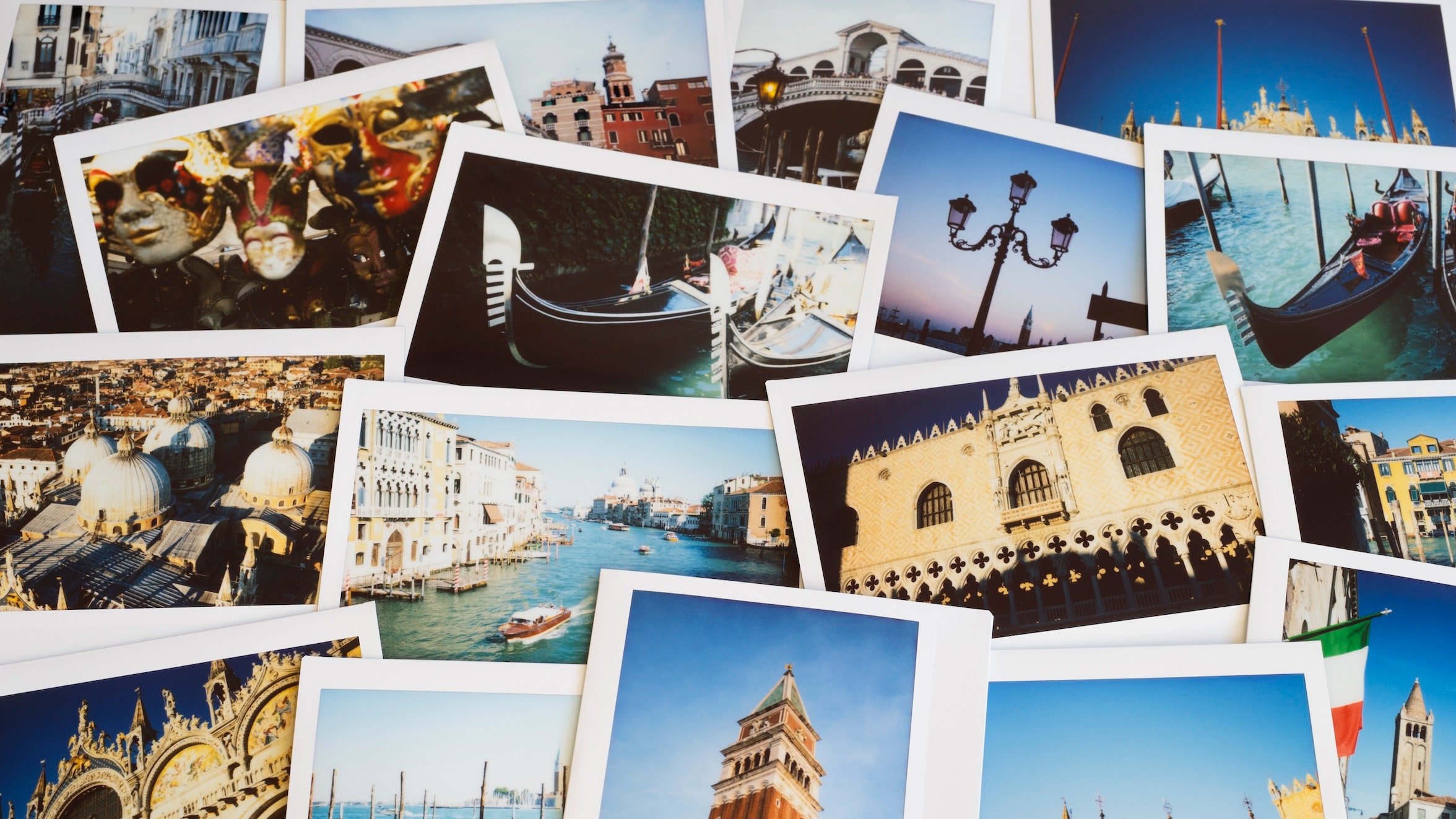 Italy Veneto Venice collection of instant film holiday travel photos displayed on a table