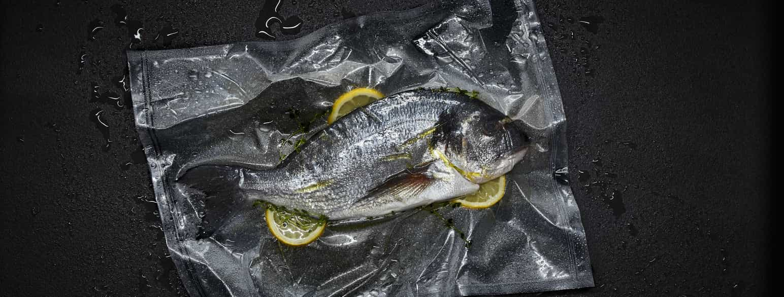 Havbras med citronskiver i en sous vide-pose. 