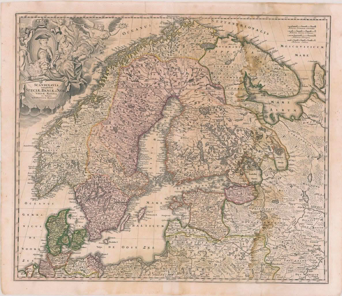 Scandinavia complectens Sueciæ, Daniæ & Norvegiæ regna. ex Tabulis Ioh Baptistæ Homanni. 1715