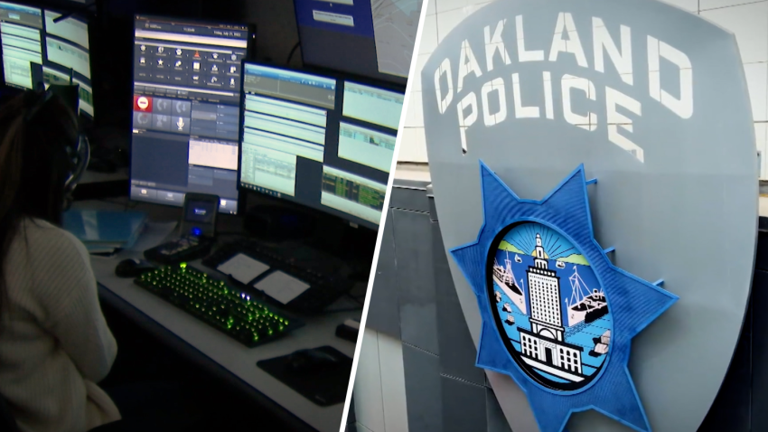 Two images side-by-side: On the left, a emergency dispatch center workstation with a person in front of computer monitors. On the right: A close-up image of Oakland Police Department's shield.