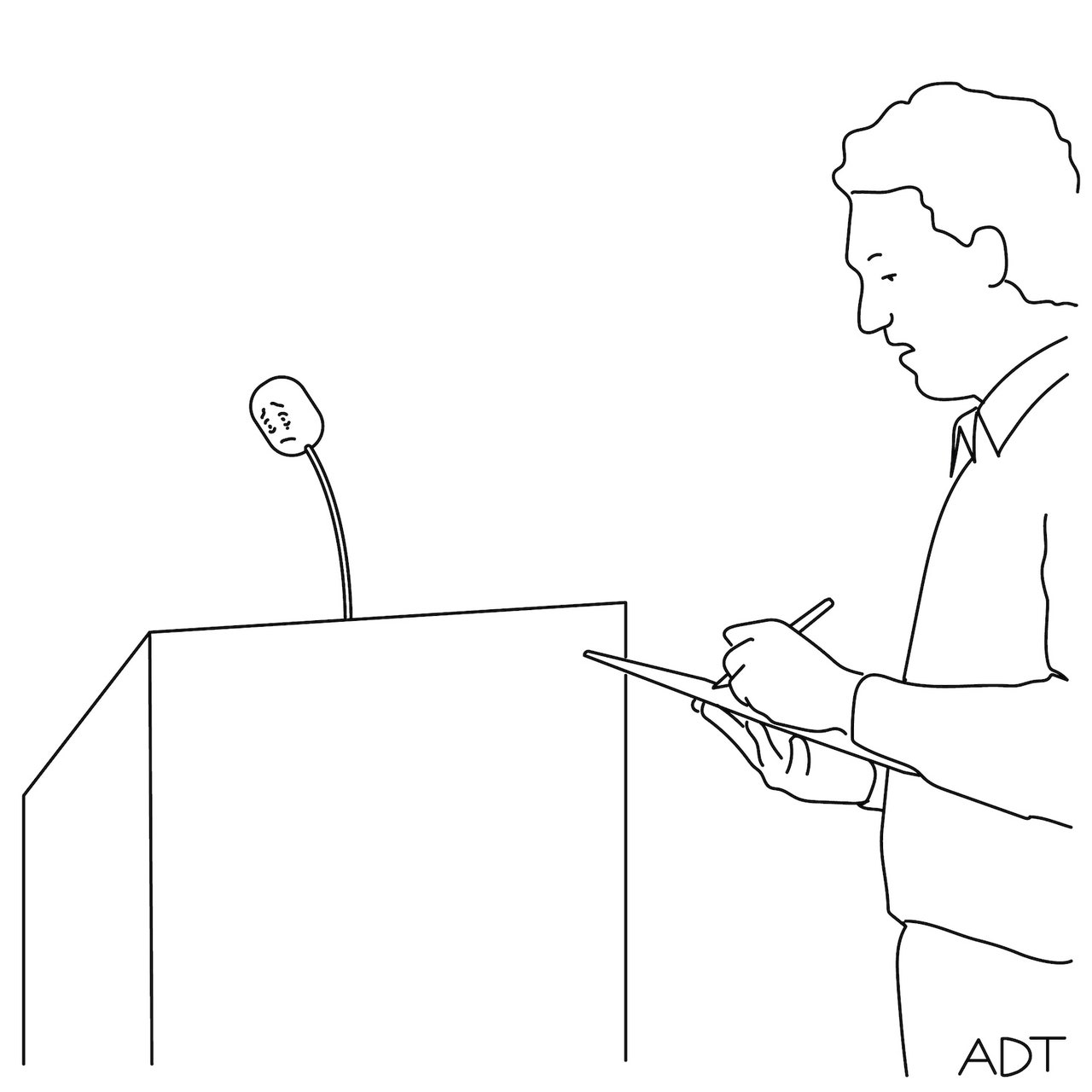 A man with a clipboard speaks to a miserablelooking anthropomorphized microphone atop a lectern.