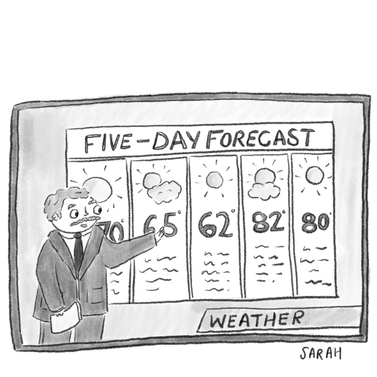 A meteorologist stands before a screen showing a fiveday forecast in which the daily temperature jumps from sixtytwo to...