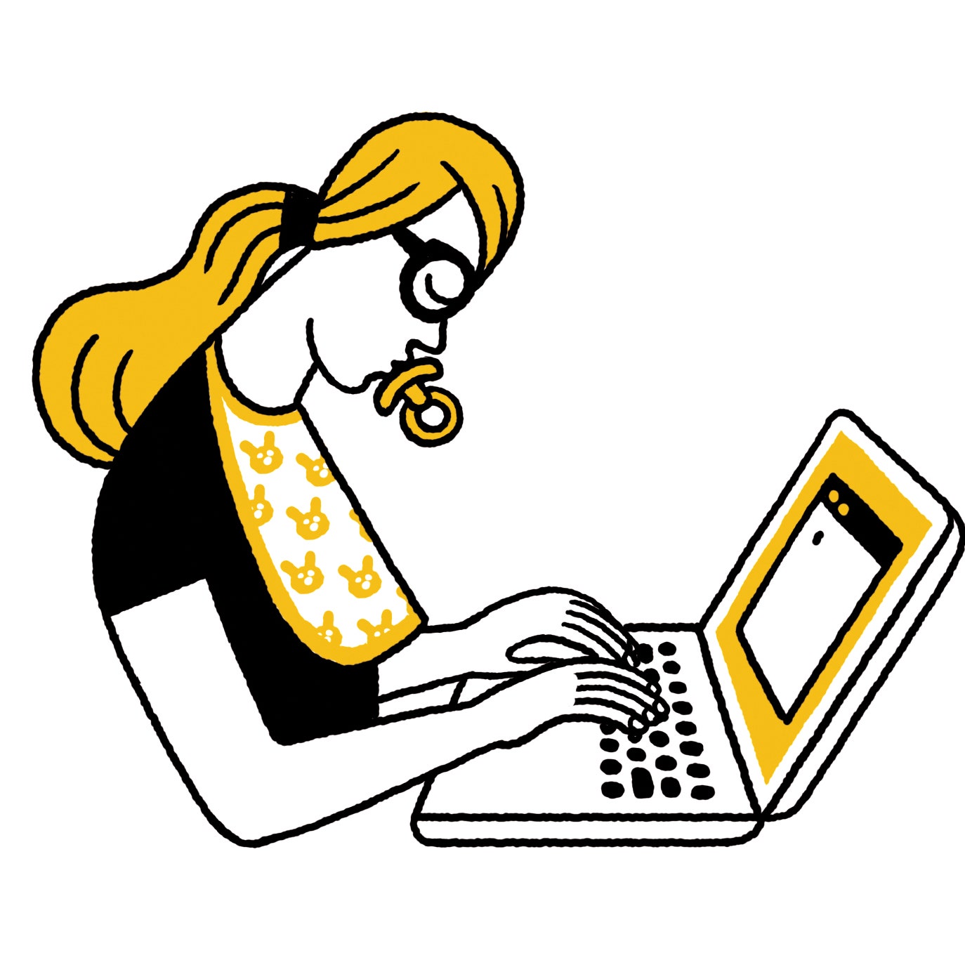 An illustration of a person wearing a pacifier and bib typing on a laptop.