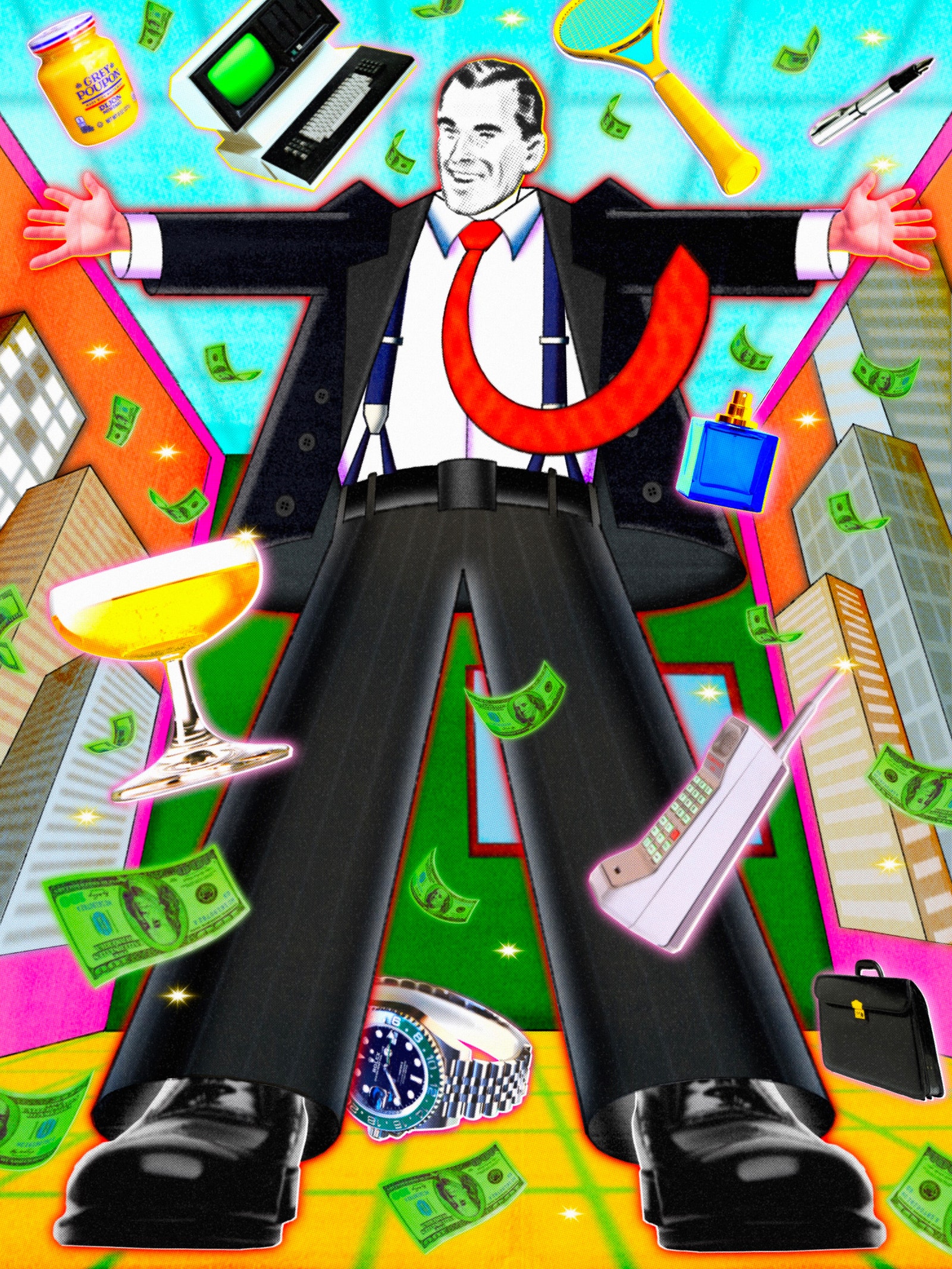 An illustration of a person in a suit with their arms open. Objects such as a telephone briefcase watch cocktail and...