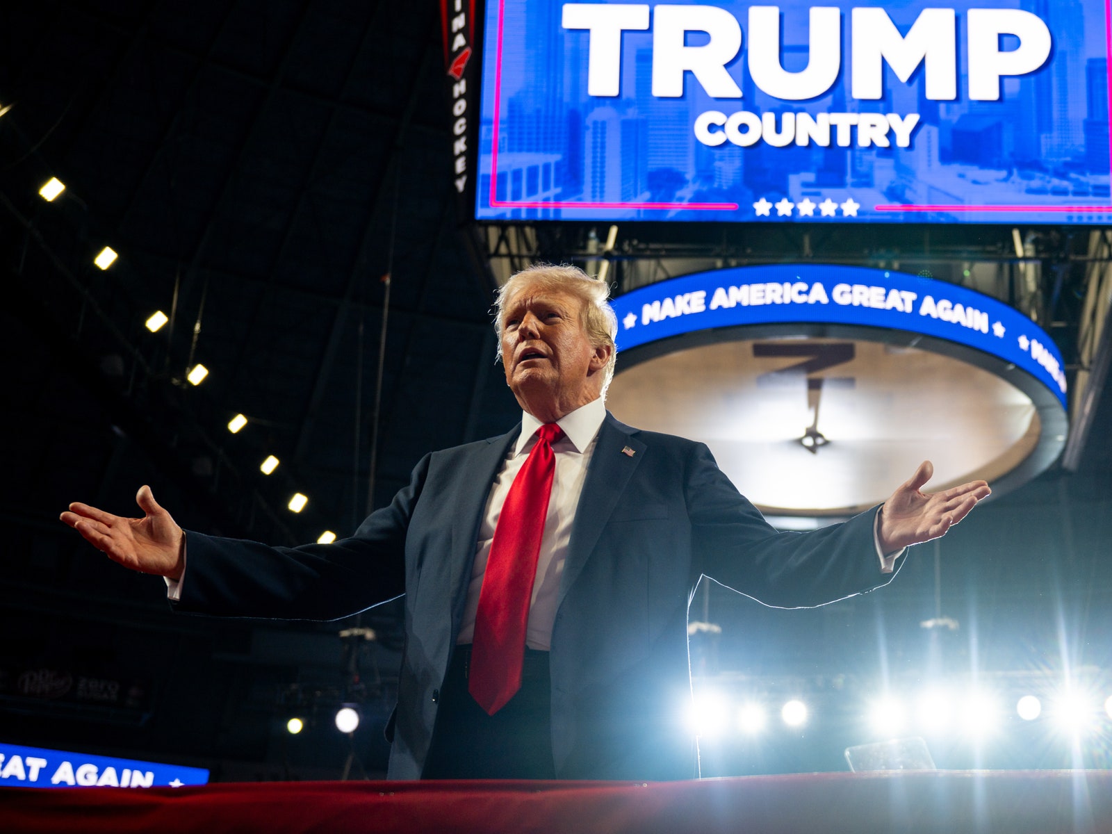 A photo of former President Donald Trump arriving at his campaign rally at the Bojangles Coliseum in Charlotte North...