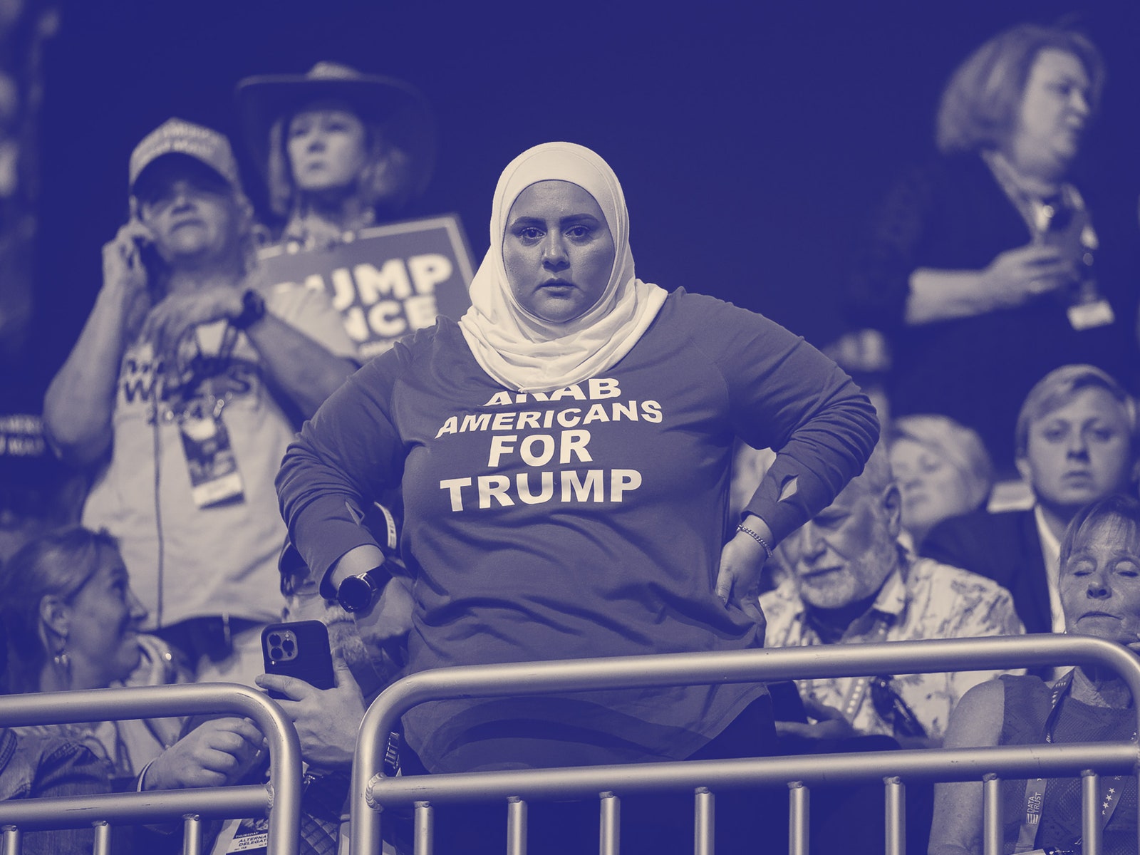 A person wears a shirt saying “Arab Americans for Trump” during the final night of the Republican National Convention.