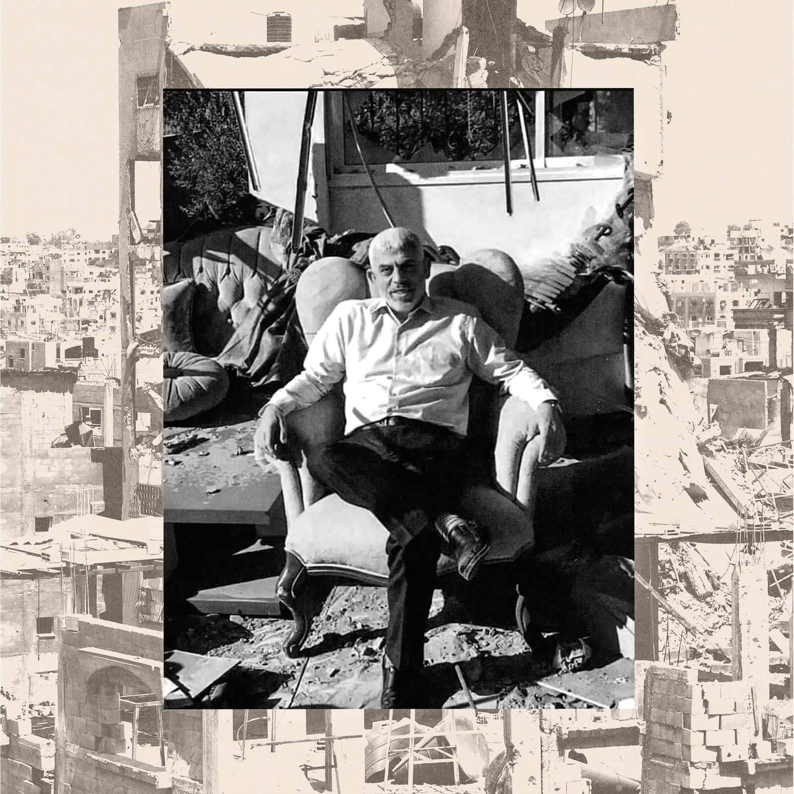 A man sitting in a chair surrounded by the debris of his home.