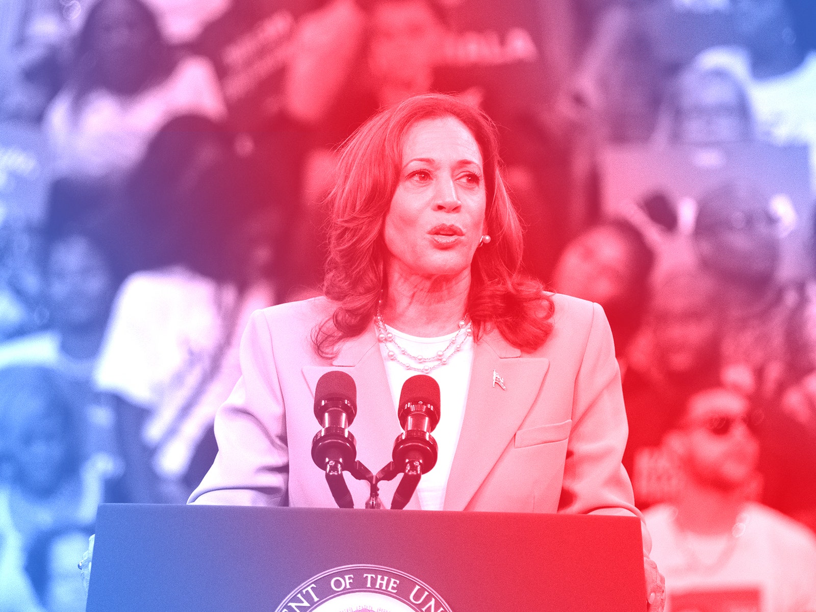 U.S. Vice President Kamala Harris speaking at a campaign event in Atlanta Georgia. There is a red and blue overlay on...