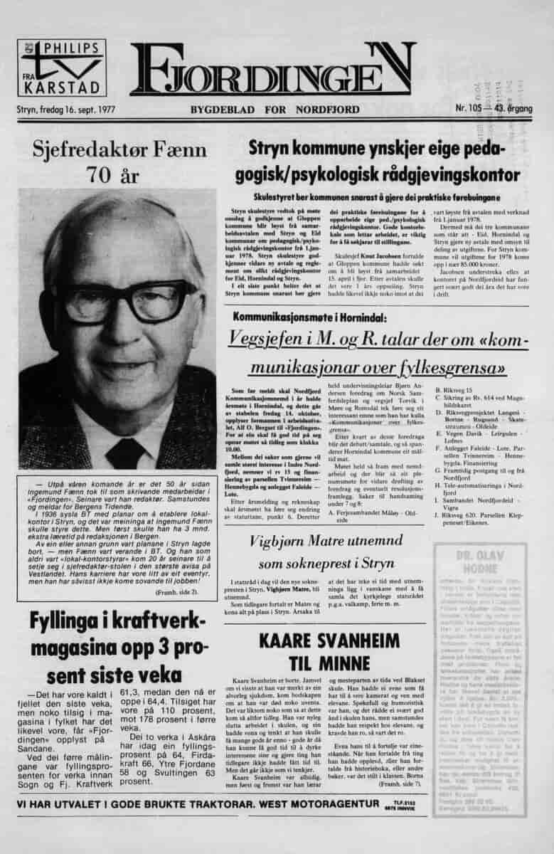 Framsida av Fjordingen 16. september 1977, med bilete av dåverande sjefredaktør Fænn.