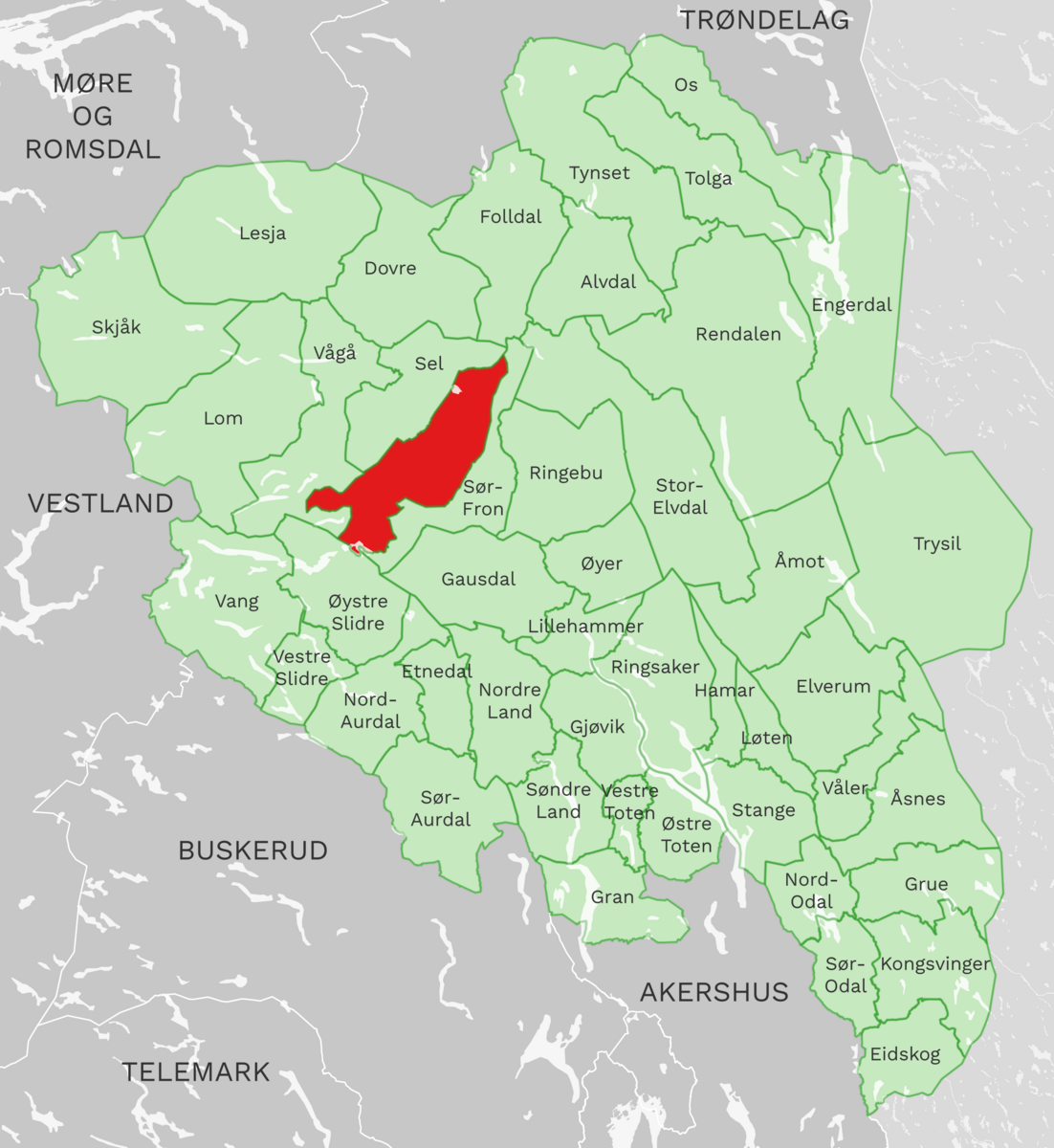 Kart: Nord-Fron kommune i Innlandet