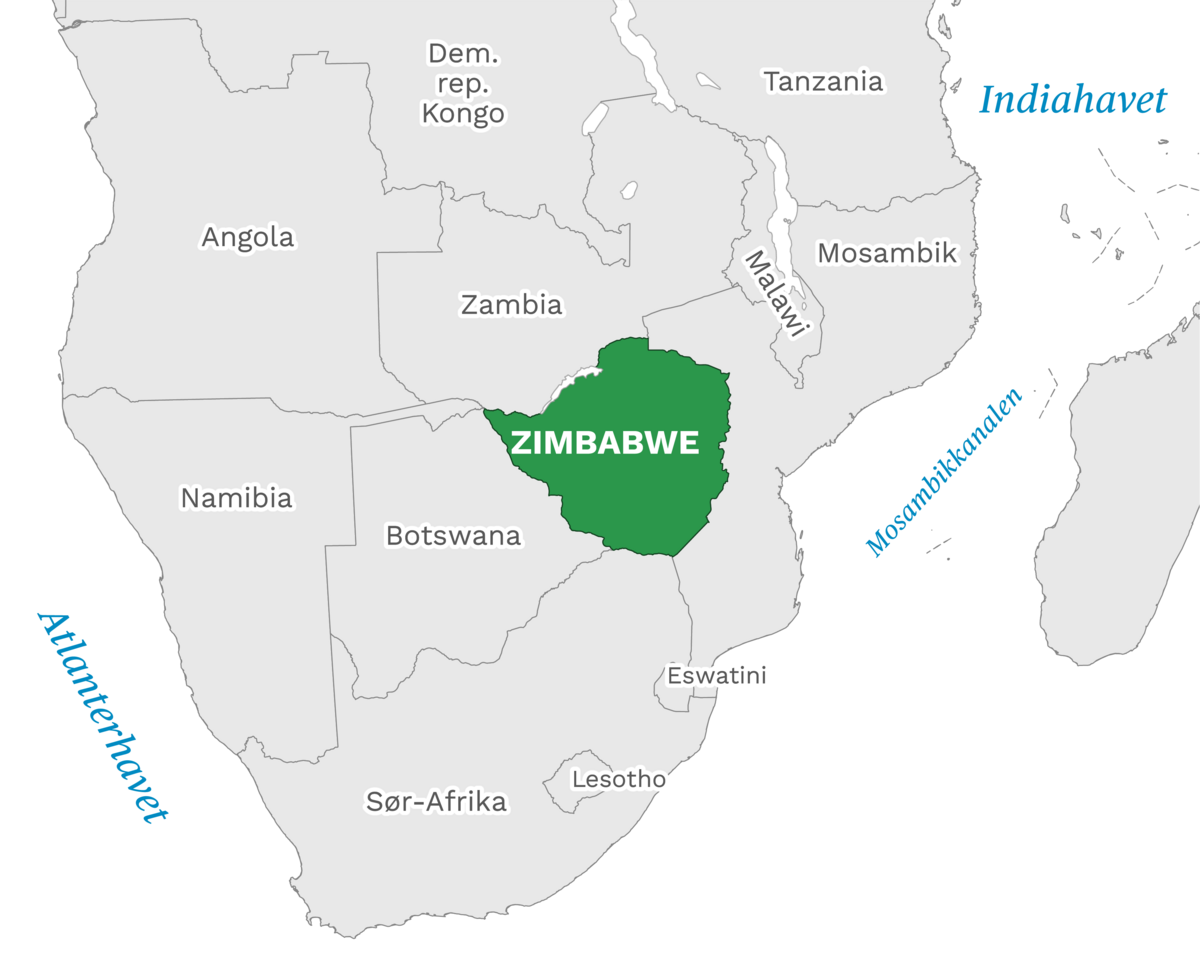 Plassering av Zimbabwe med naboland rundt, kart