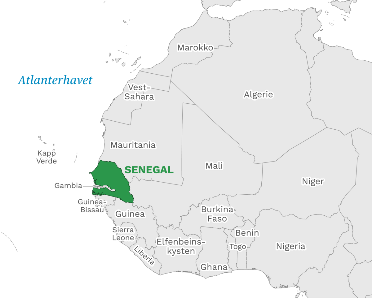 Plassering av Senegal med naboland rundt, kart