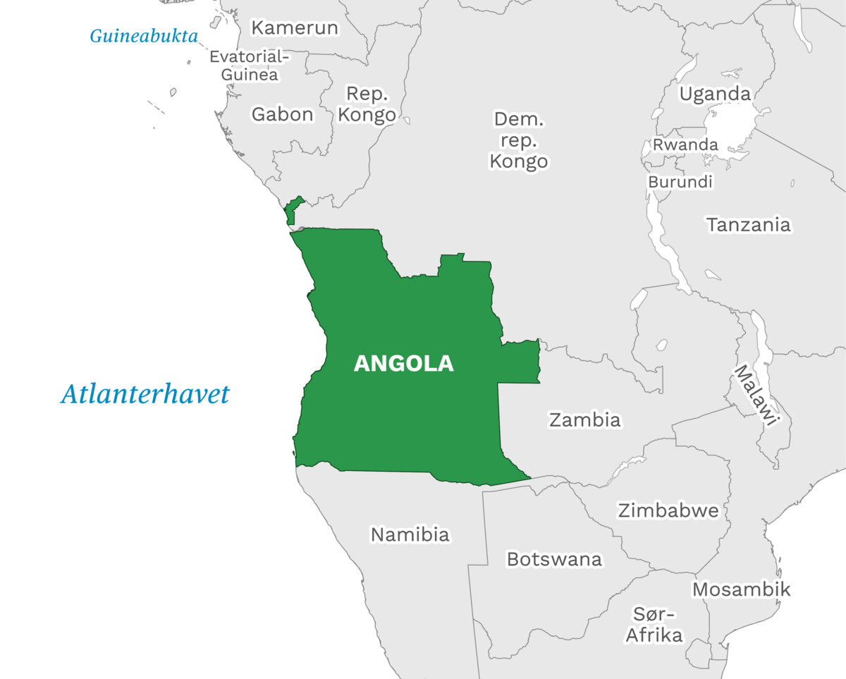 Plassering av Angola med naboland rundt, kart