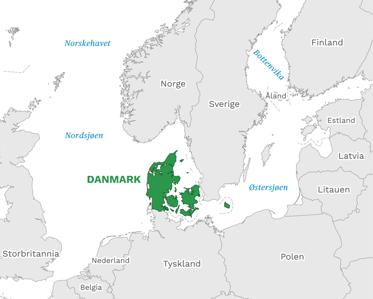 Plassering av Danmark med naboland rundt, kart