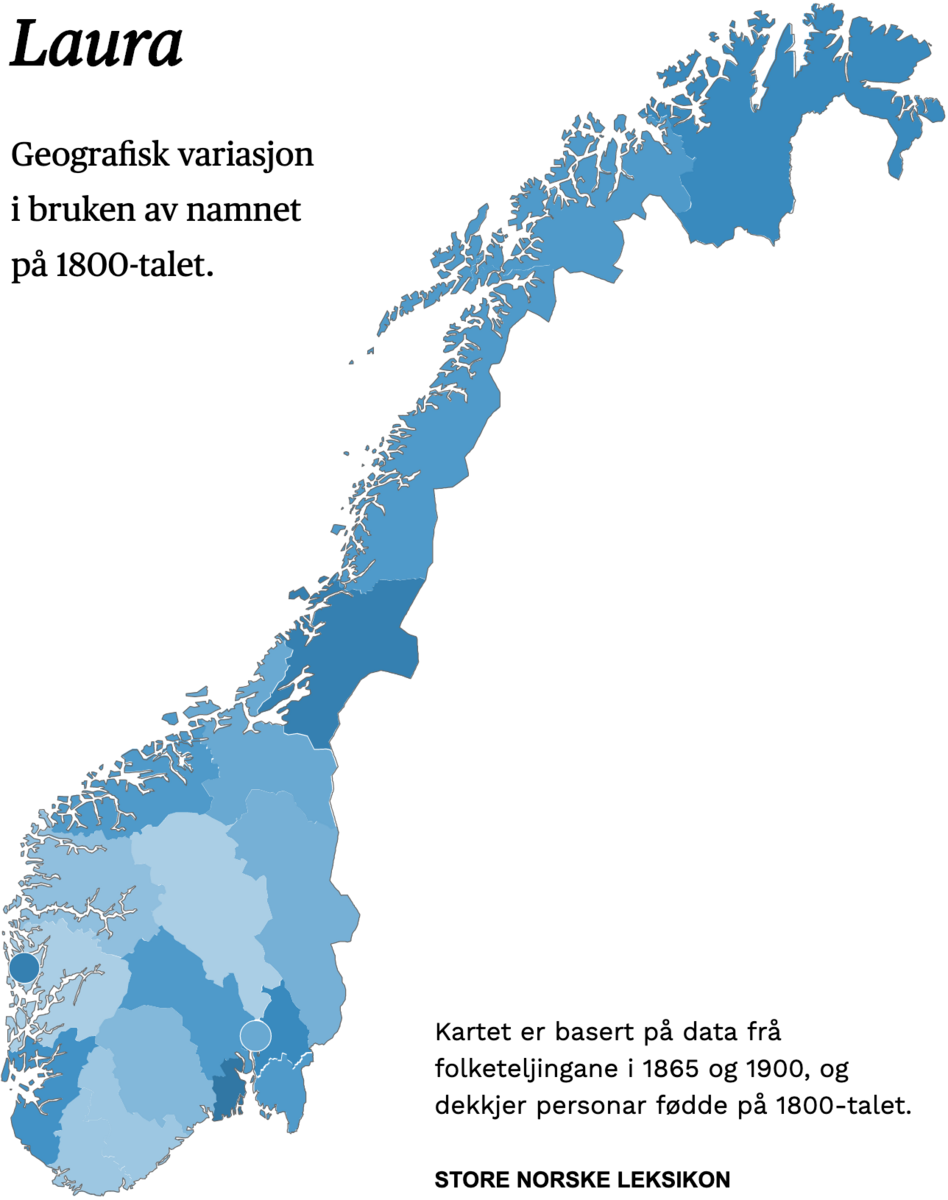 Geografisk variasjon i bruk av namnet Laura på 1800-talet.