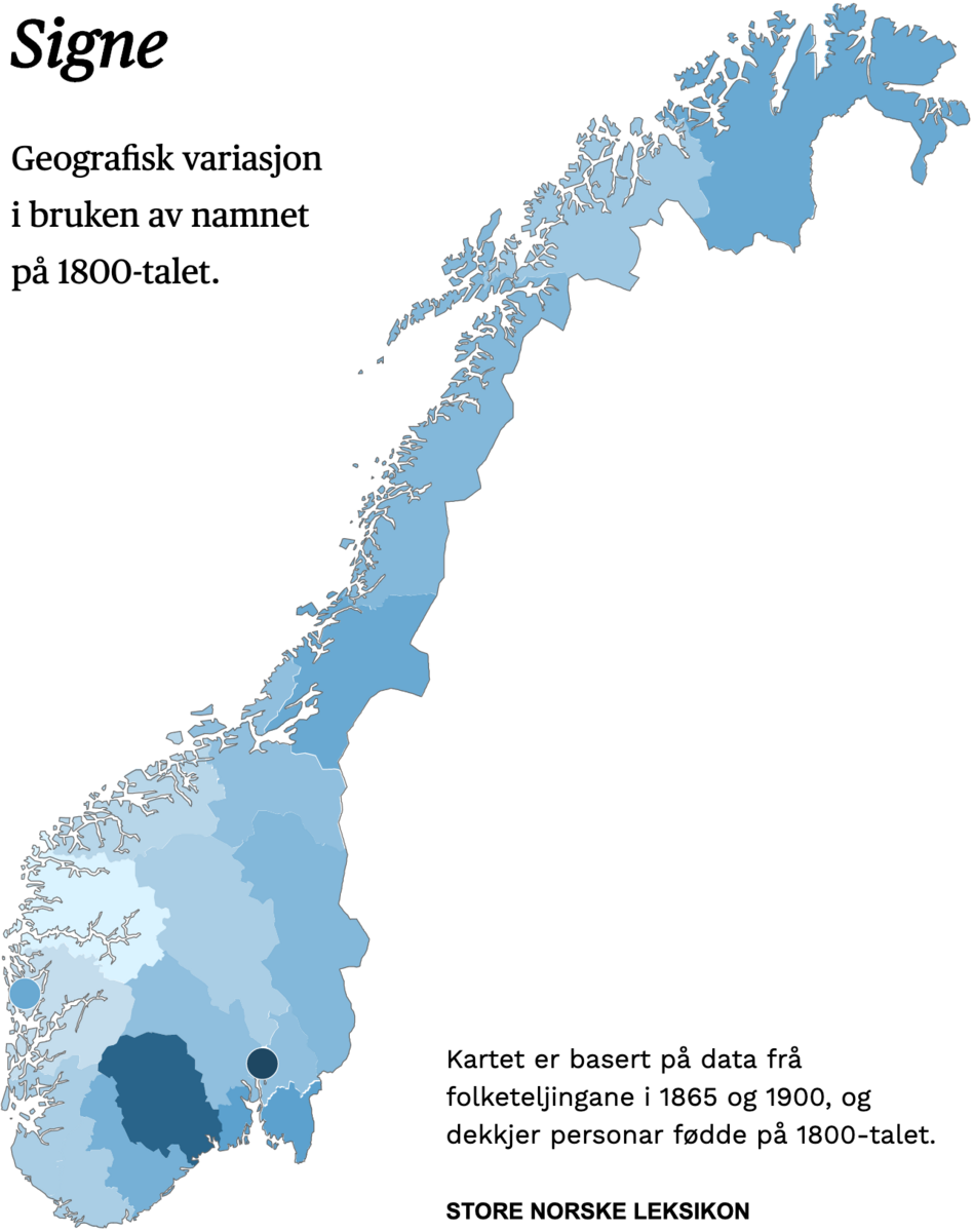 Geografisk variasjon i bruk av namnet Signe på 1800-talet.