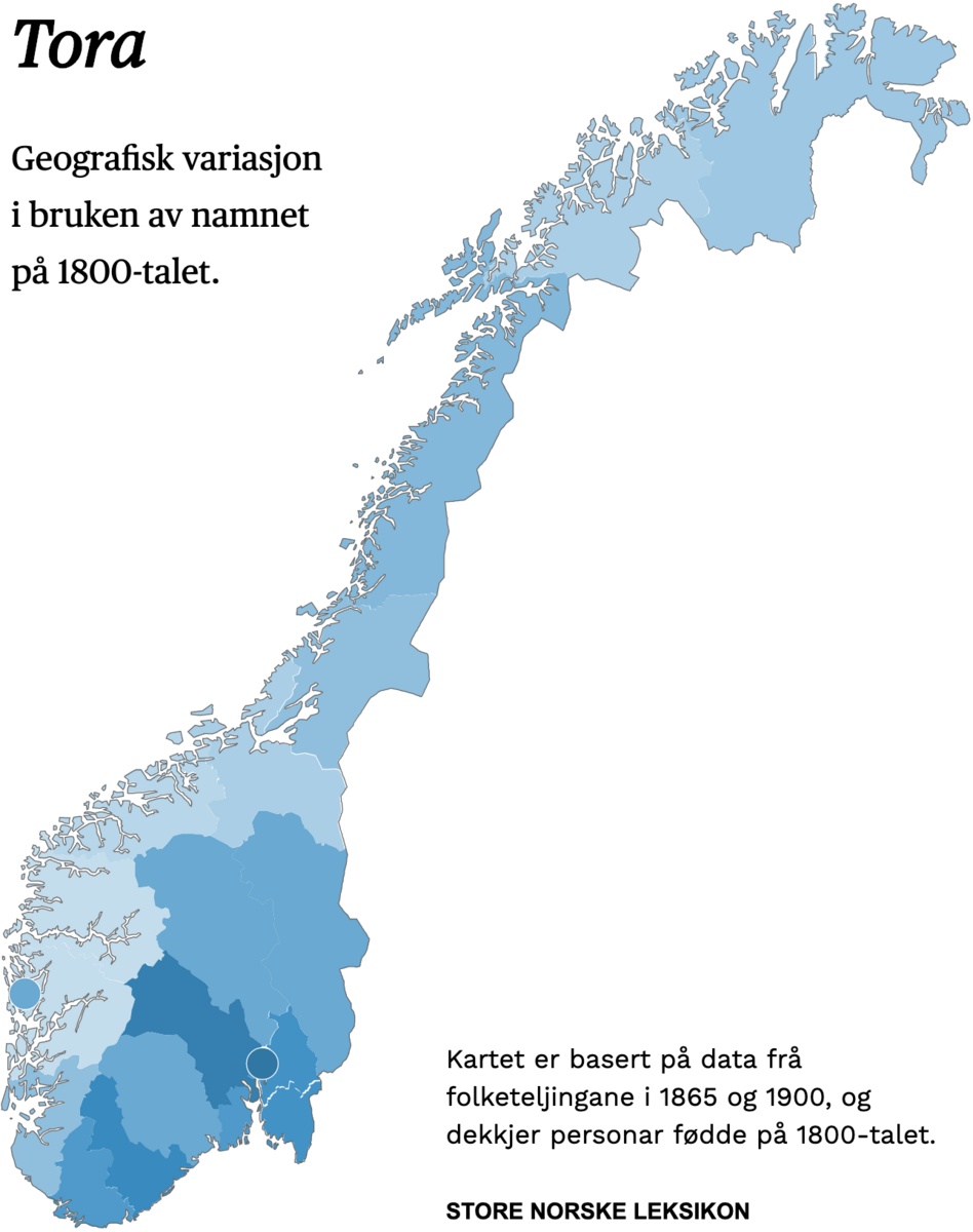 Geografisk variasjon i bruk av namnet Tora på 1800-talet.