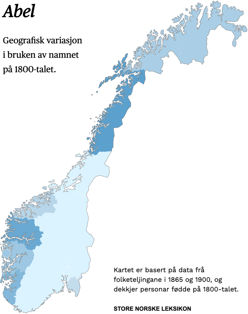 Geografisk variasjon i bruk av namnet Abel på 1800-talet.