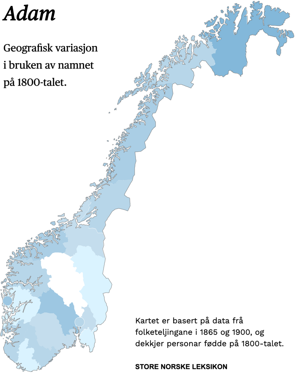 Geografisk variasjon i bruk av namnet Adam på 1800-talet.