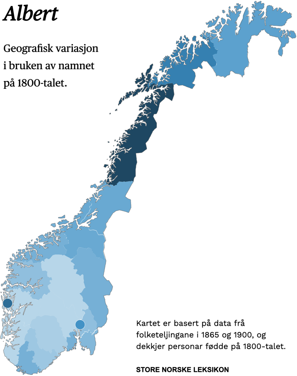 Geografisk variasjon i bruk av namnet Albert på 1800-talet.