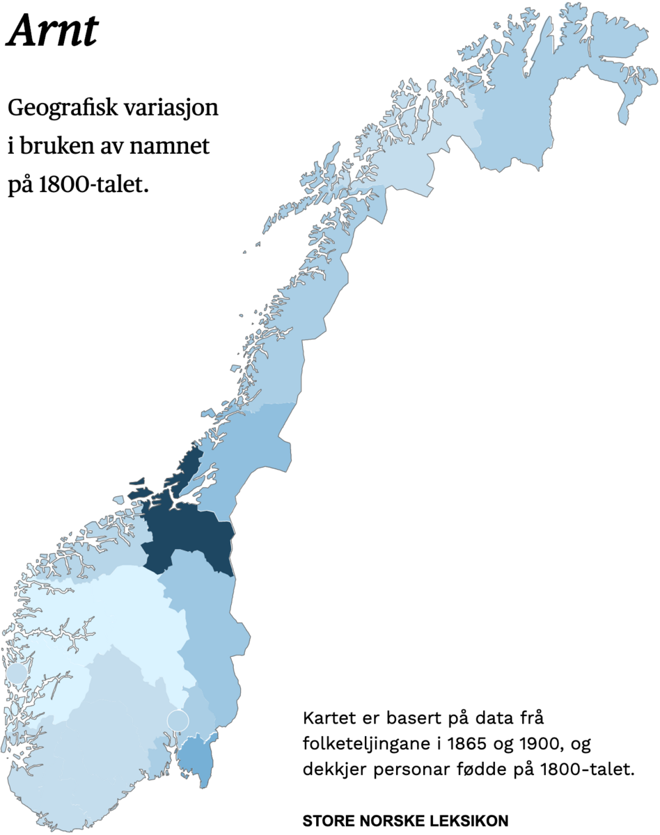 Geografisk variasjon i bruk av namnet Arnt på 1800-talet.