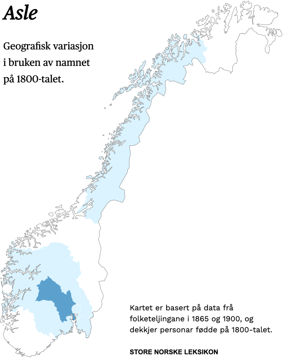 Geografisk variasjon i bruk av namnet Asle på 1800-talet.