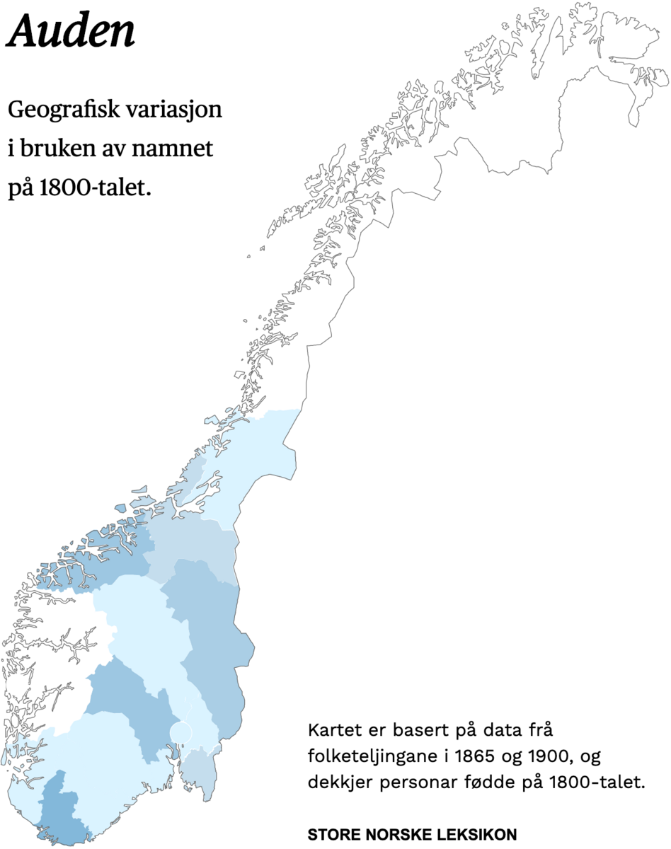 Geografisk variasjon i bruk av namnet Auden på 1800-talet.