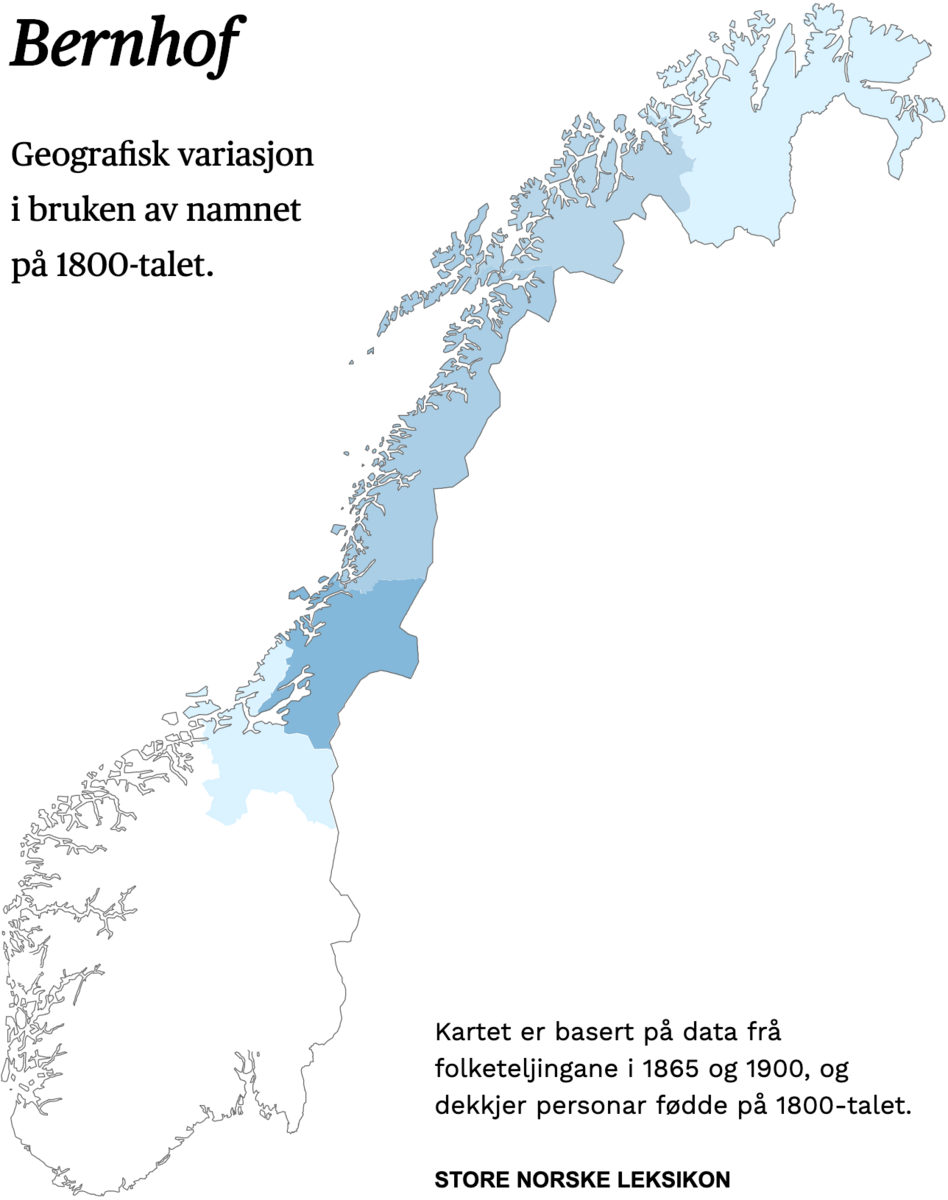 Geografisk variasjon i bruk av namnet Bernhof på 1800-talet.