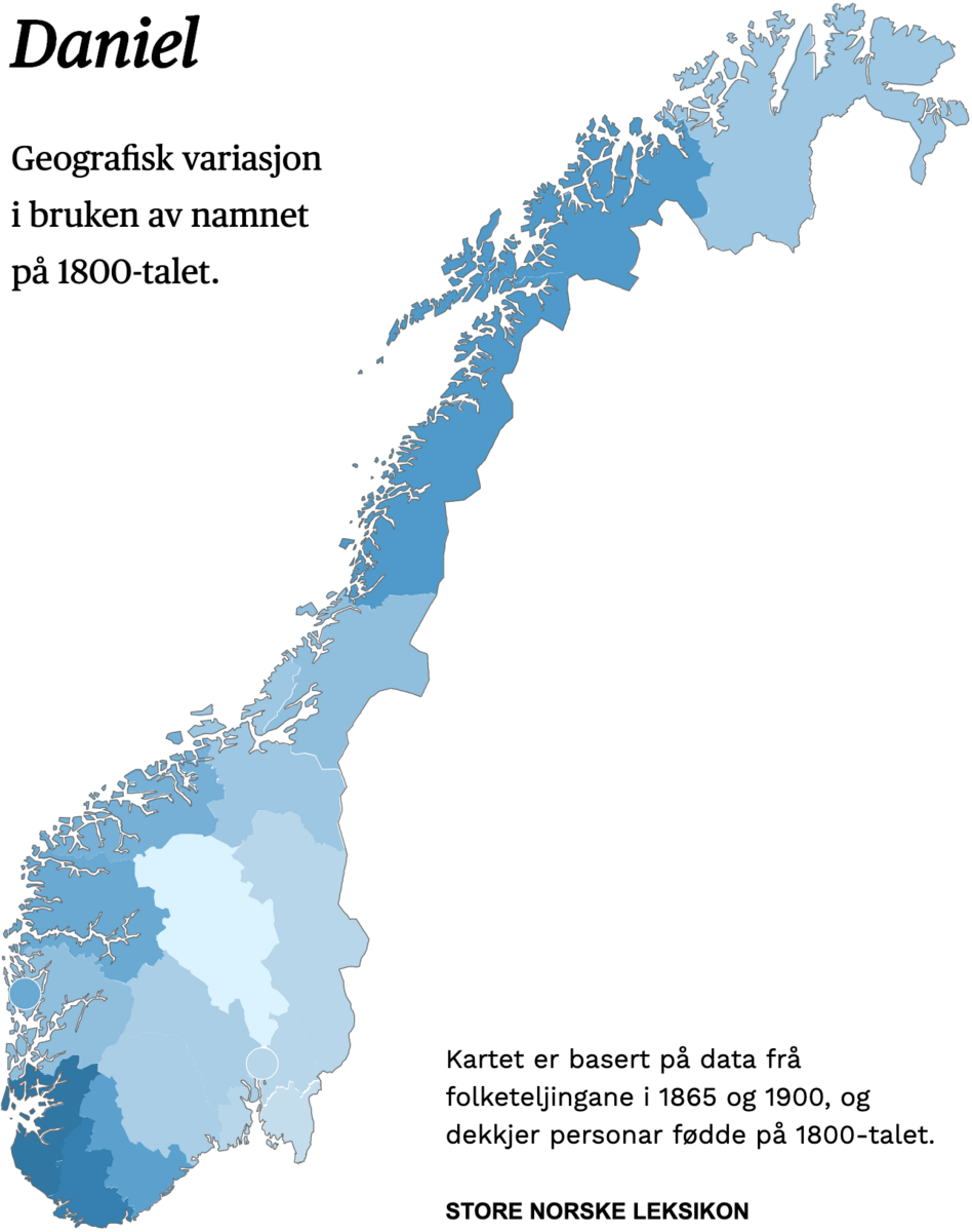 Geografisk variasjon i bruk av namnet Daniel på 1800-talet.