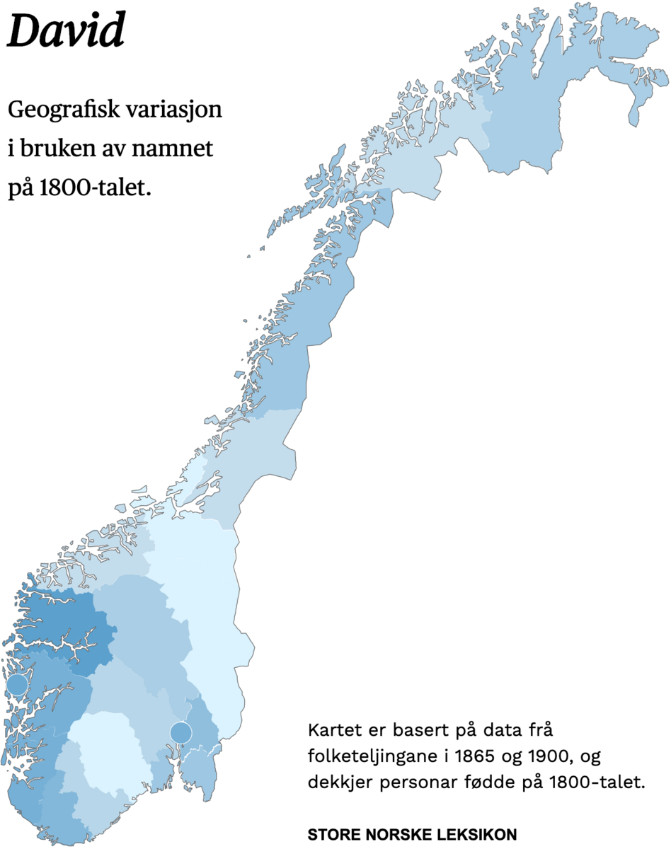 Geografisk variasjon i bruk av namnet David på 1800-talet.