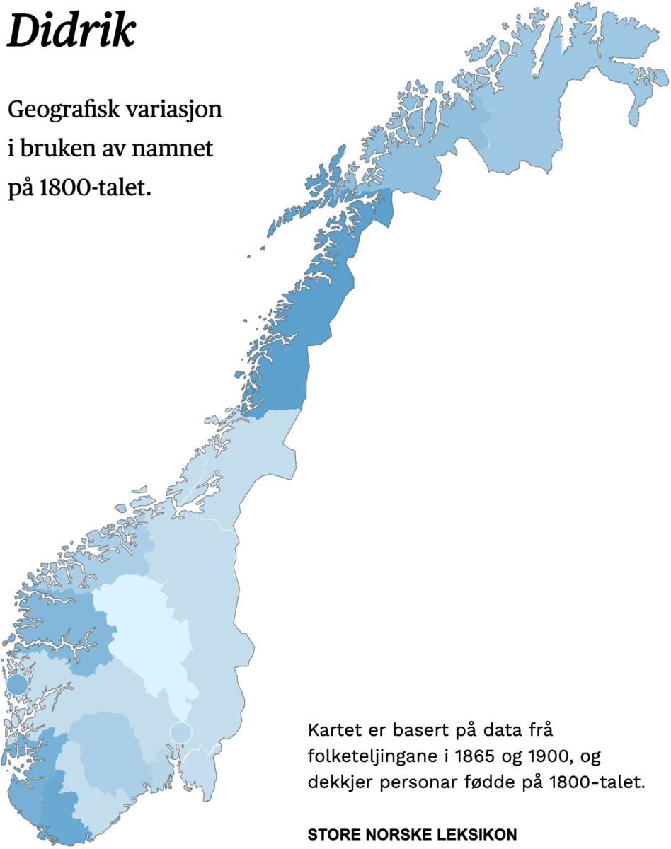 Geografisk variasjon i bruk av namnet Didrik på 1800-talet.