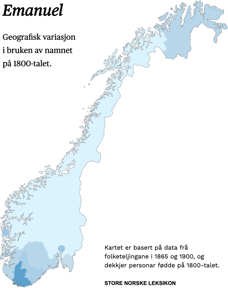 Geografisk variasjon i bruk av namnet Emanuel på 1800-talet.