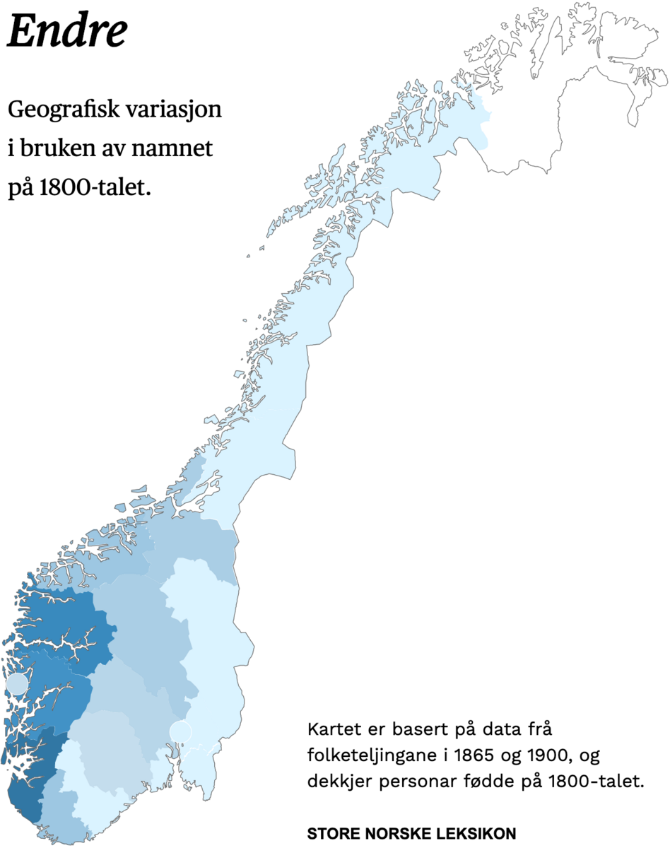 Geografisk variasjon i bruk av namnet Endre på 1800-talet.