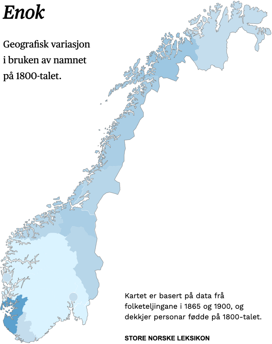 Geografisk variasjon i bruk av namnet Enok på 1800-talet.