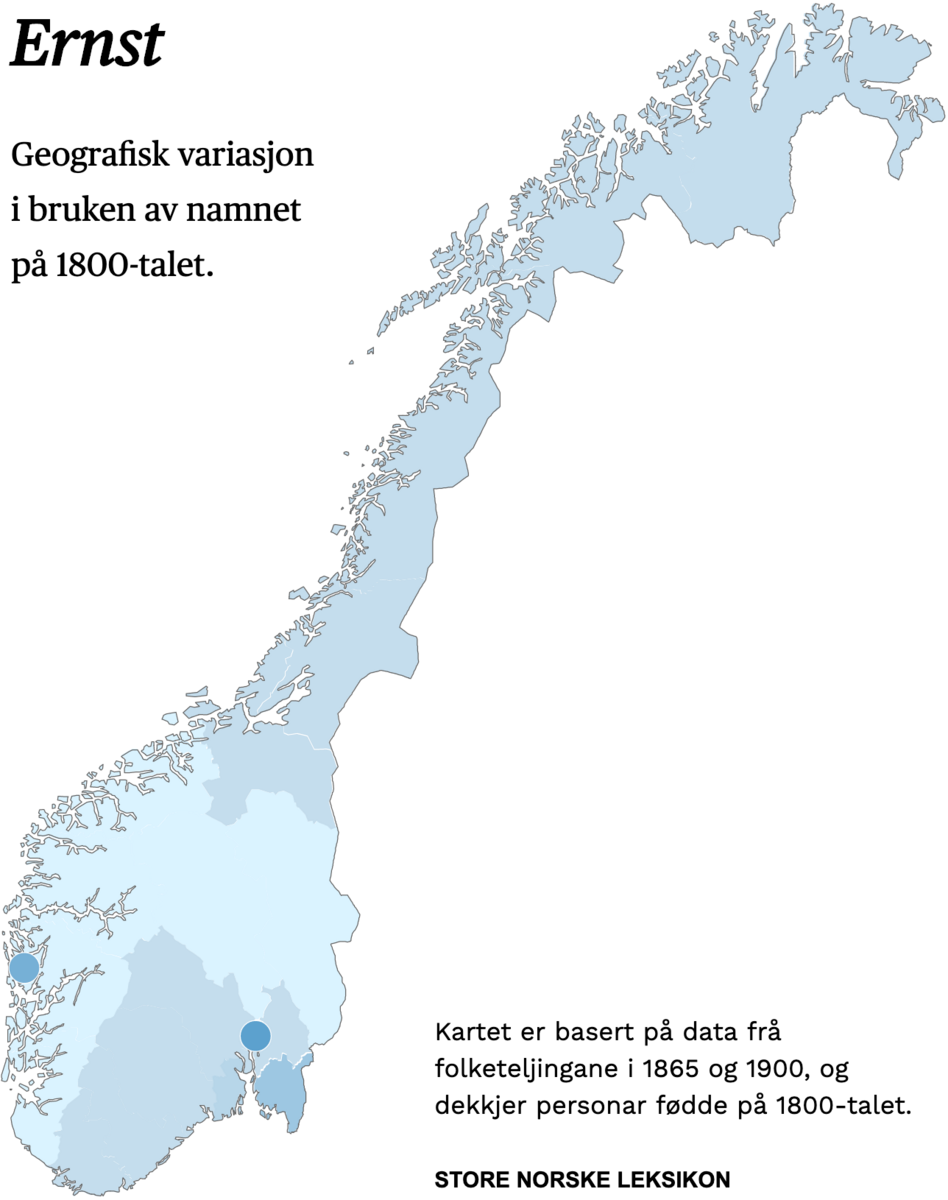 Geografisk variasjon i bruk av namnet Ernst på 1800-talet.