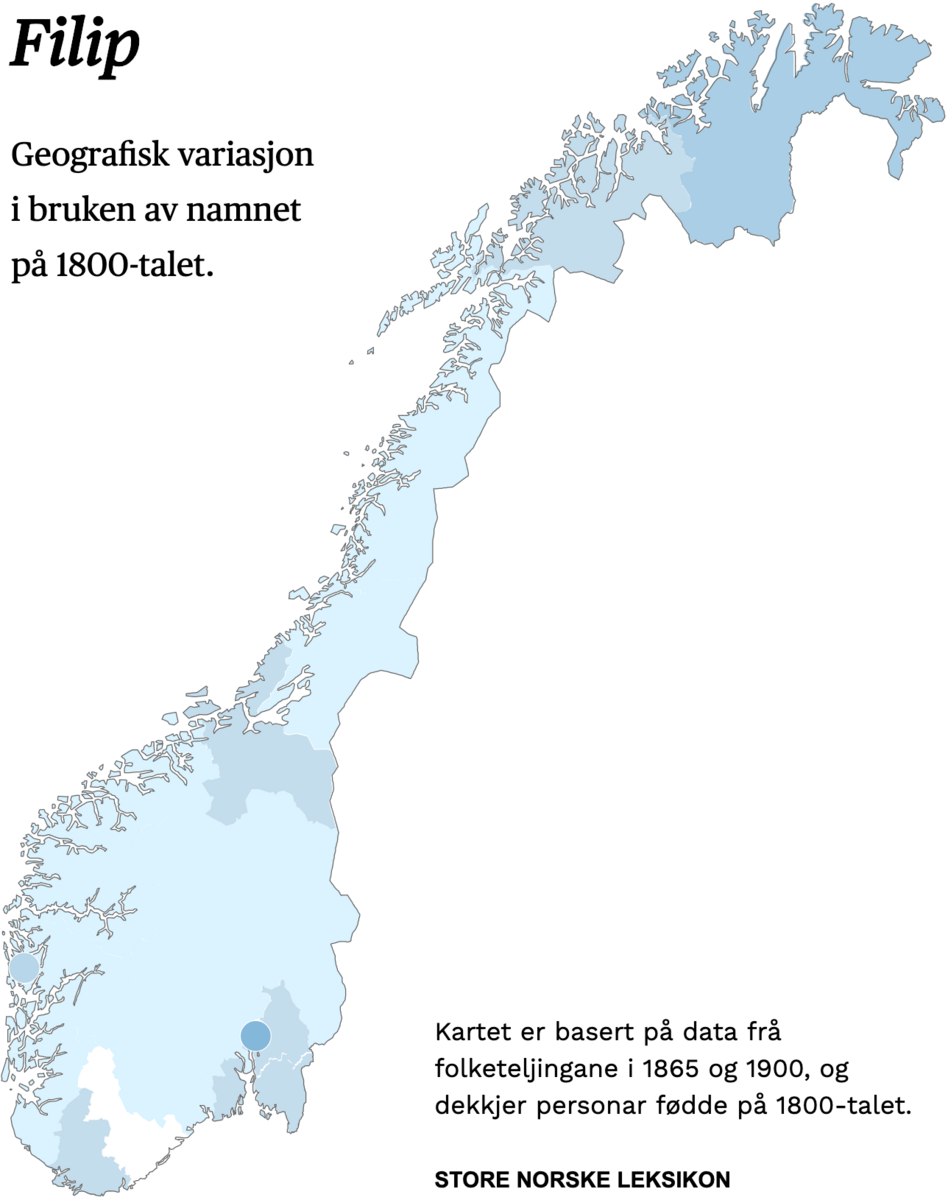 Geografisk variasjon i bruk av namnet Filip på 1800-talet.