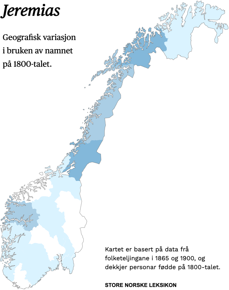 Geografisk variasjon i bruk av namnet Jeremias på 1800-talet.