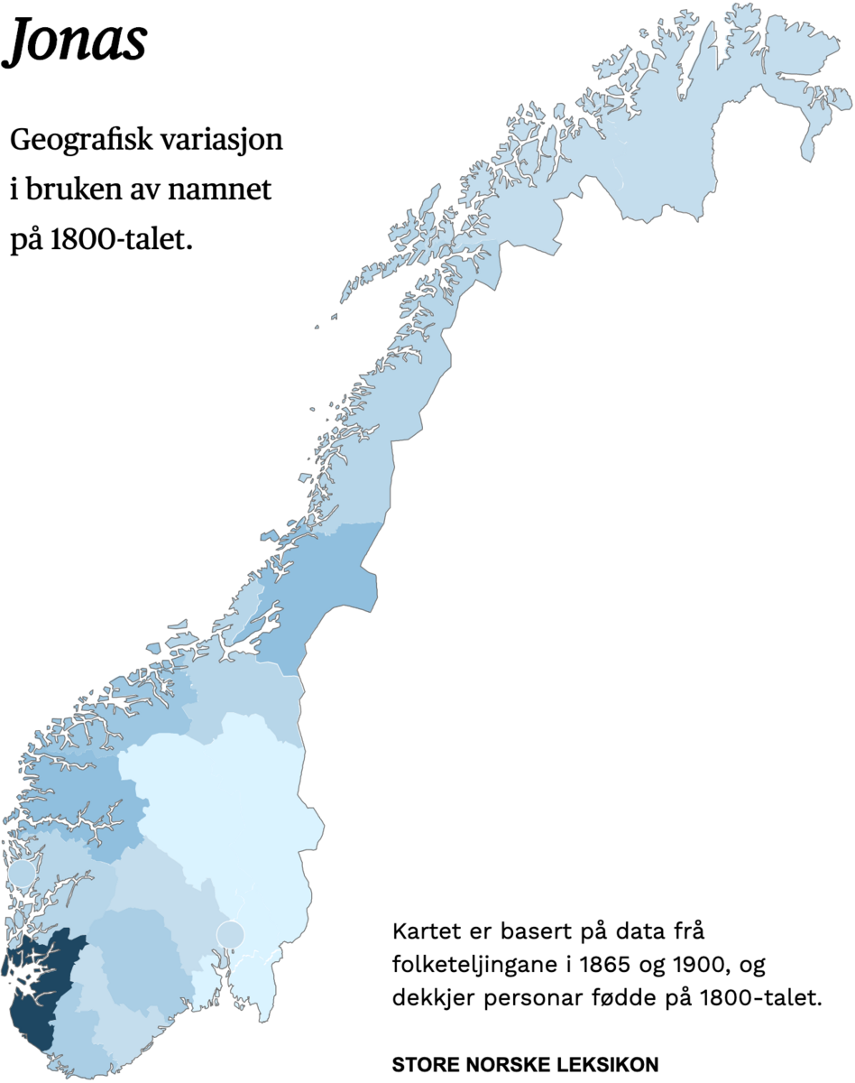 Geografisk variasjon i bruk av namnet Jonas på 1800-talet.