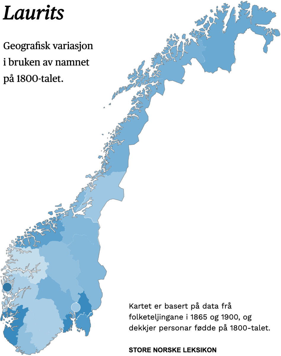 Geografisk variasjon i bruk av namnet Laurits på 1800-talet.