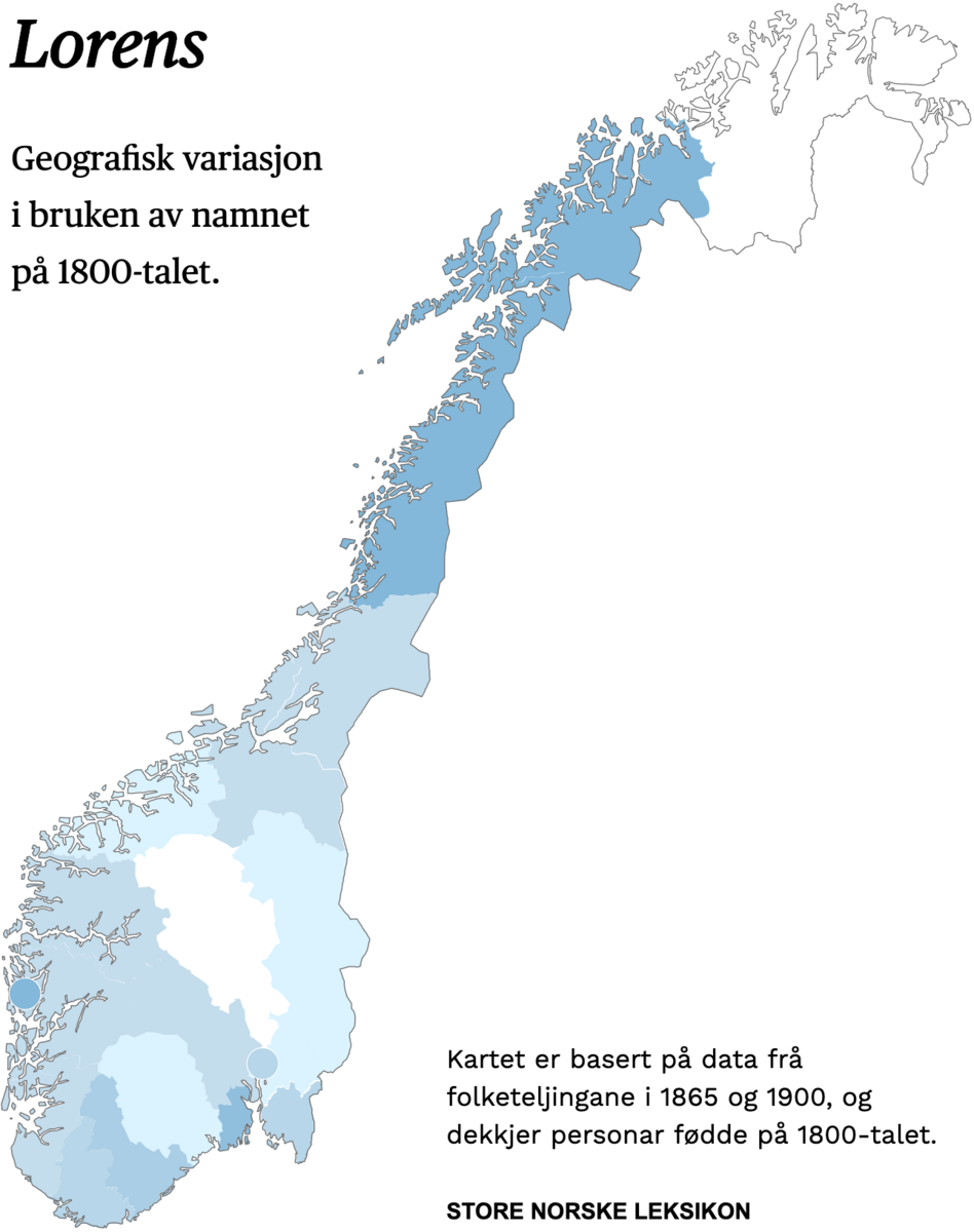 Geografisk variasjon i bruk av namnet Lorens på 1800-talet.